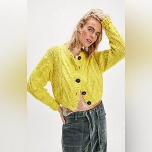 Free People Bonfire Cable Knit Cardigan in Unriped Lemon BNWOT Sz Small
